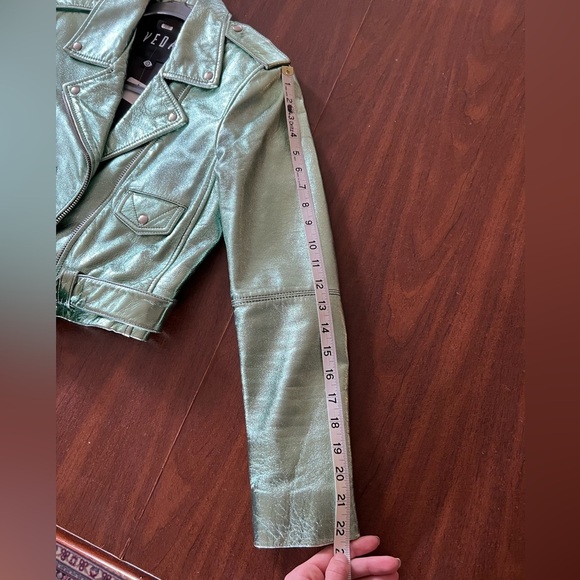 VEDA Women's Light Green Metallic 100% Genuine Lamb Leather Moto Jacket NEW - Picture 9 of 9